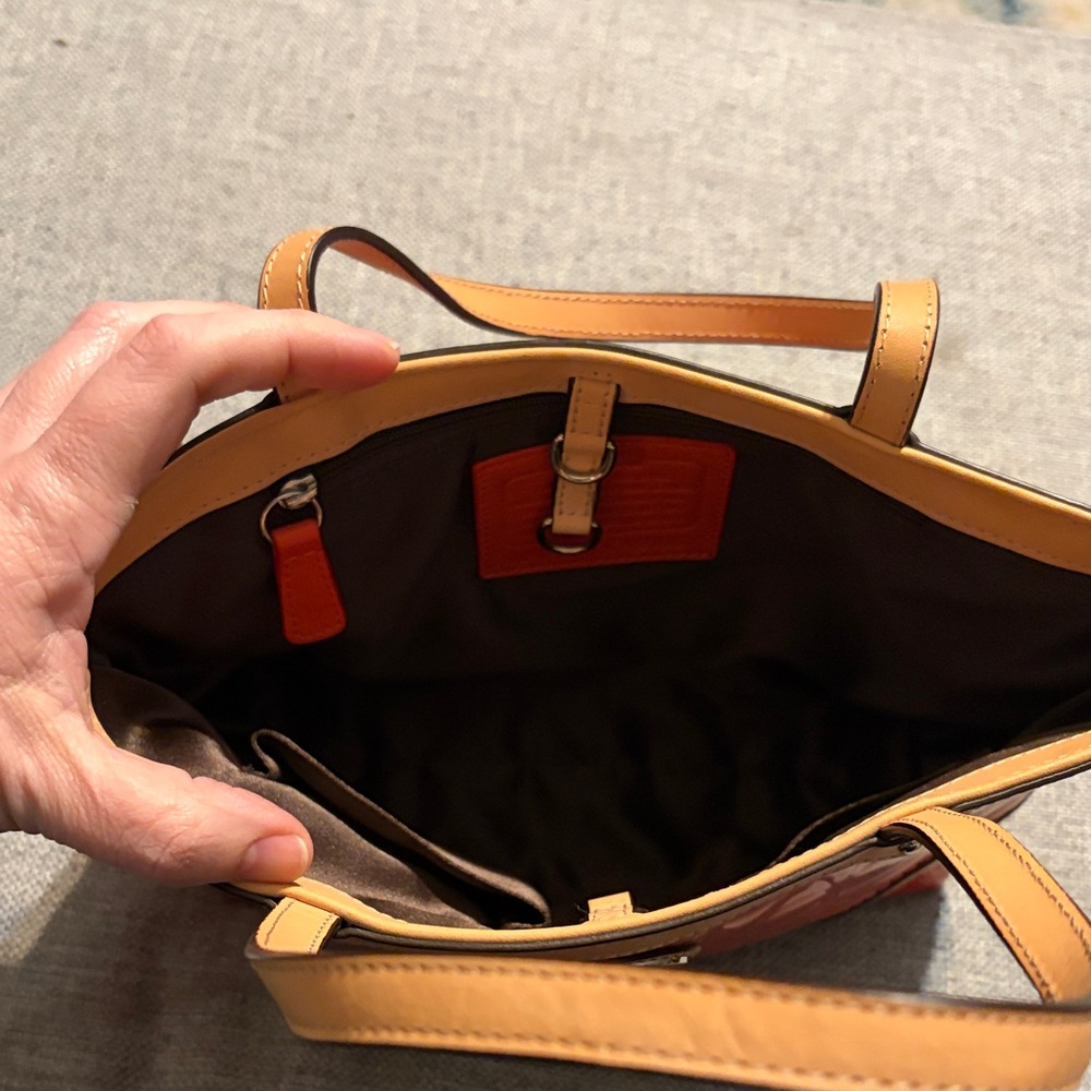 Coach Orange Patent Tote with Top Handle Tan Leather Trim - Picture 7 of 8